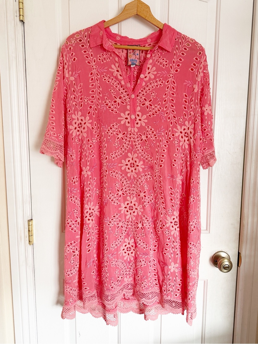 Johnny Was Malfi Eyelet Guava Coral Pink Embroidered Boho Dress Size M View 2